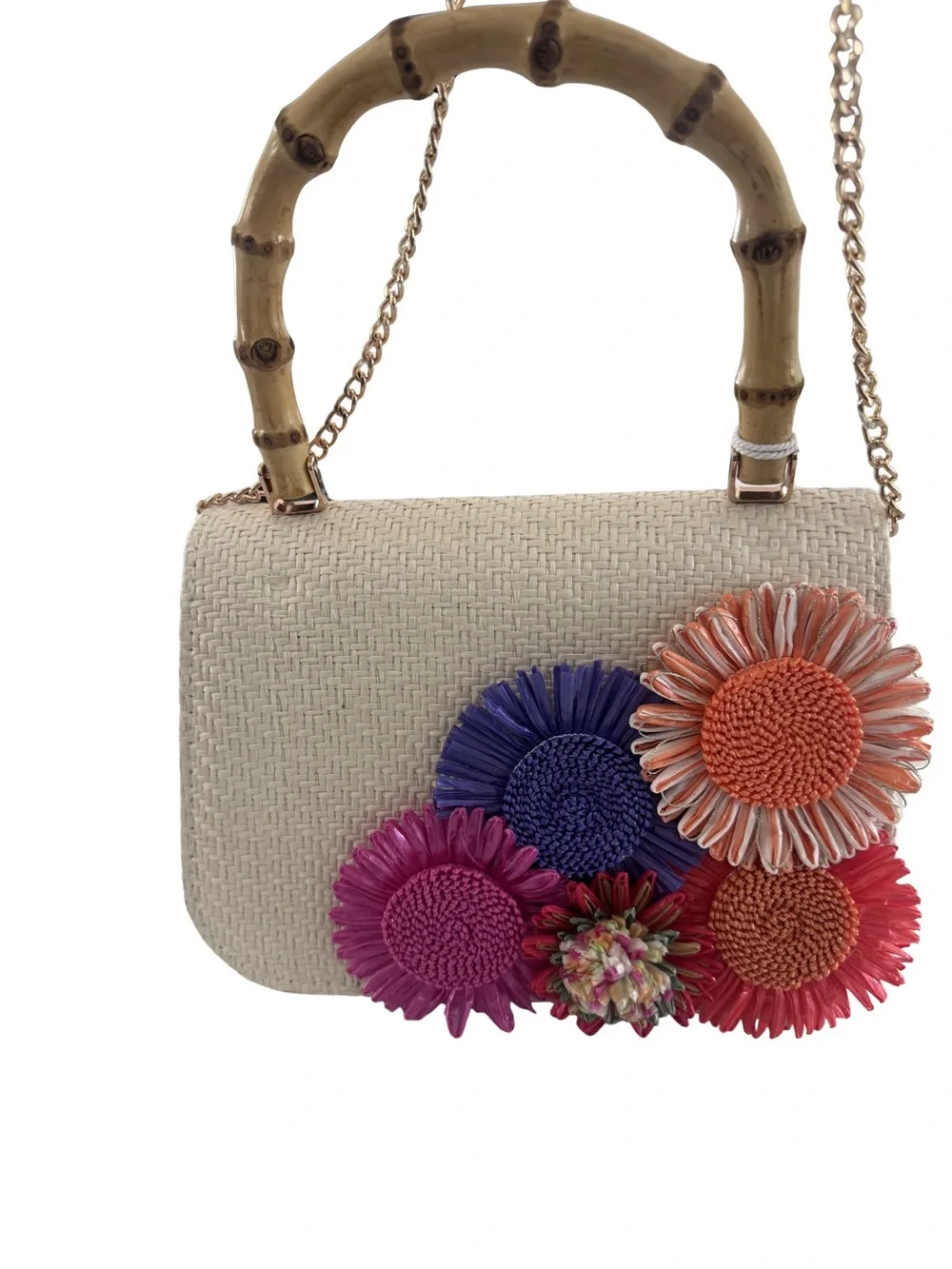 NWT Haute Hippie Floral Woven Bamboo Handle Crossbody Bag Cream - Picture 5 of 5